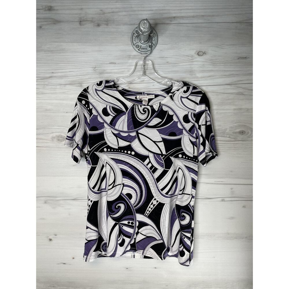 JM Collection Shirt Womens‎ Petite Medium Purple Black Abstract Print Stretch